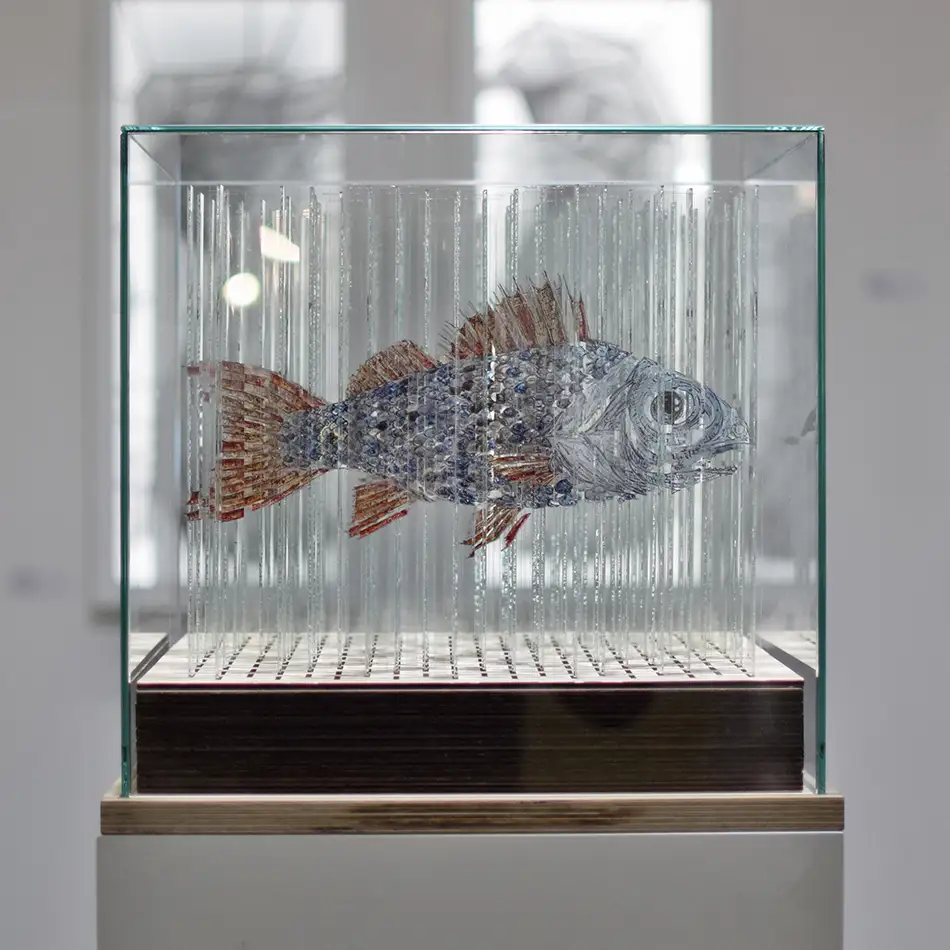 Side with fish from glass cube with four anamorphic paintings