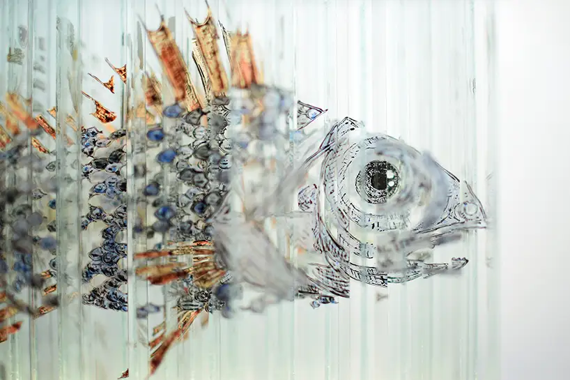Detail of side with fish from glass cube with four anamorphic paintings