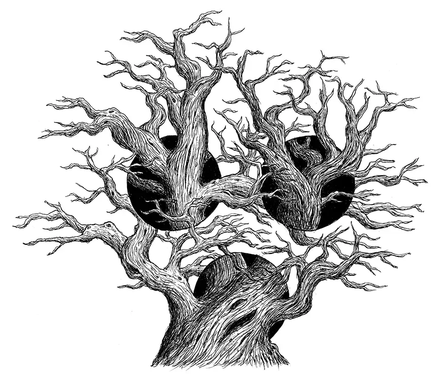 Kugelschreiber-Zeichnung mit optischer Täuschung auf der ein Baum zu sehen sind, die durch drei Löcher wächst