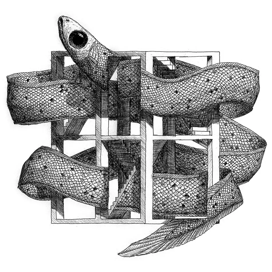 Kugelschreiber-Zeichnung mit optischer Täuschung auf der ein Aal zu sehen ist, der durch ein architektonisches Gerippe schwimmt