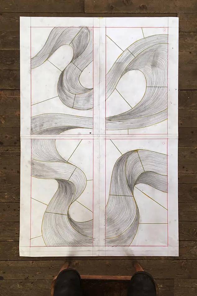 Draft of a stained glass window with a painted depiction of a serpentine ribbon in shades of brown and beige