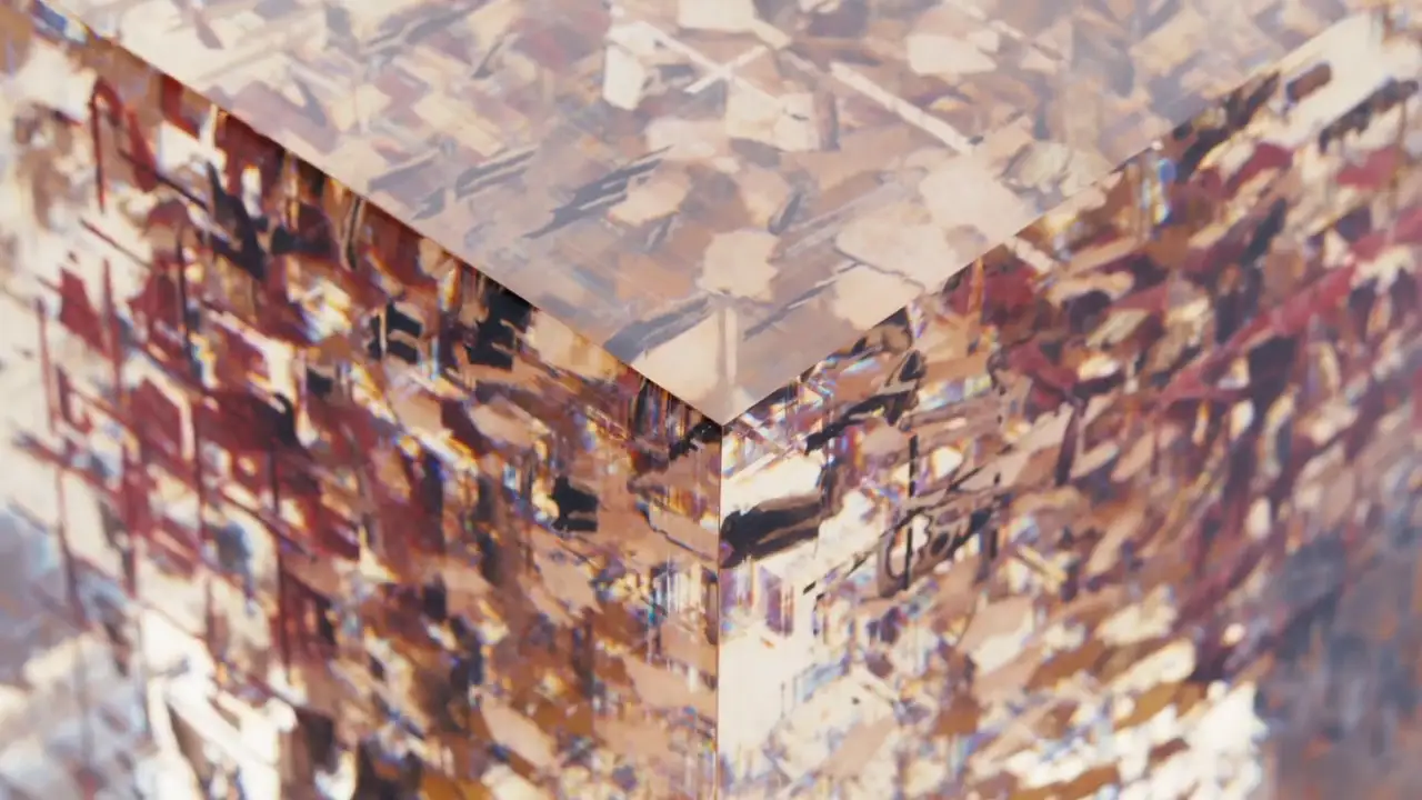 Detailbild von einem transparenten Würfel mit sechs anamorphen Bildern namens Emergence Lab