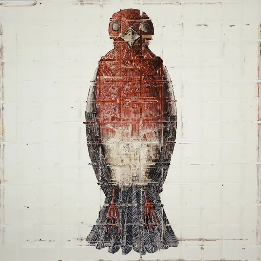 Image of a bird in a transparent cube with six anamorphic images called Emergence Lab