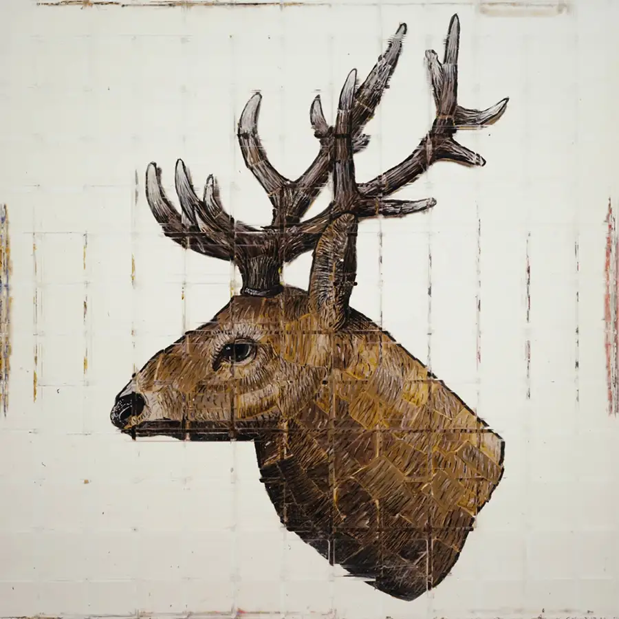 Depiction of a deer in a transparent cube with six anamorphic images called Emergence Lab