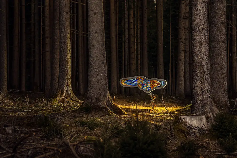 A free-hanging and illuminated stained glass window with detailed painting which is named Amoeba and hangs in a forest