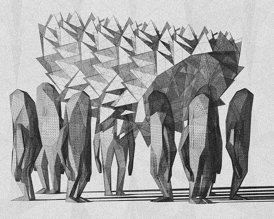 Digitale Illustration mit mehreren geometrischen Figuren unter einem gemetrischen Dach