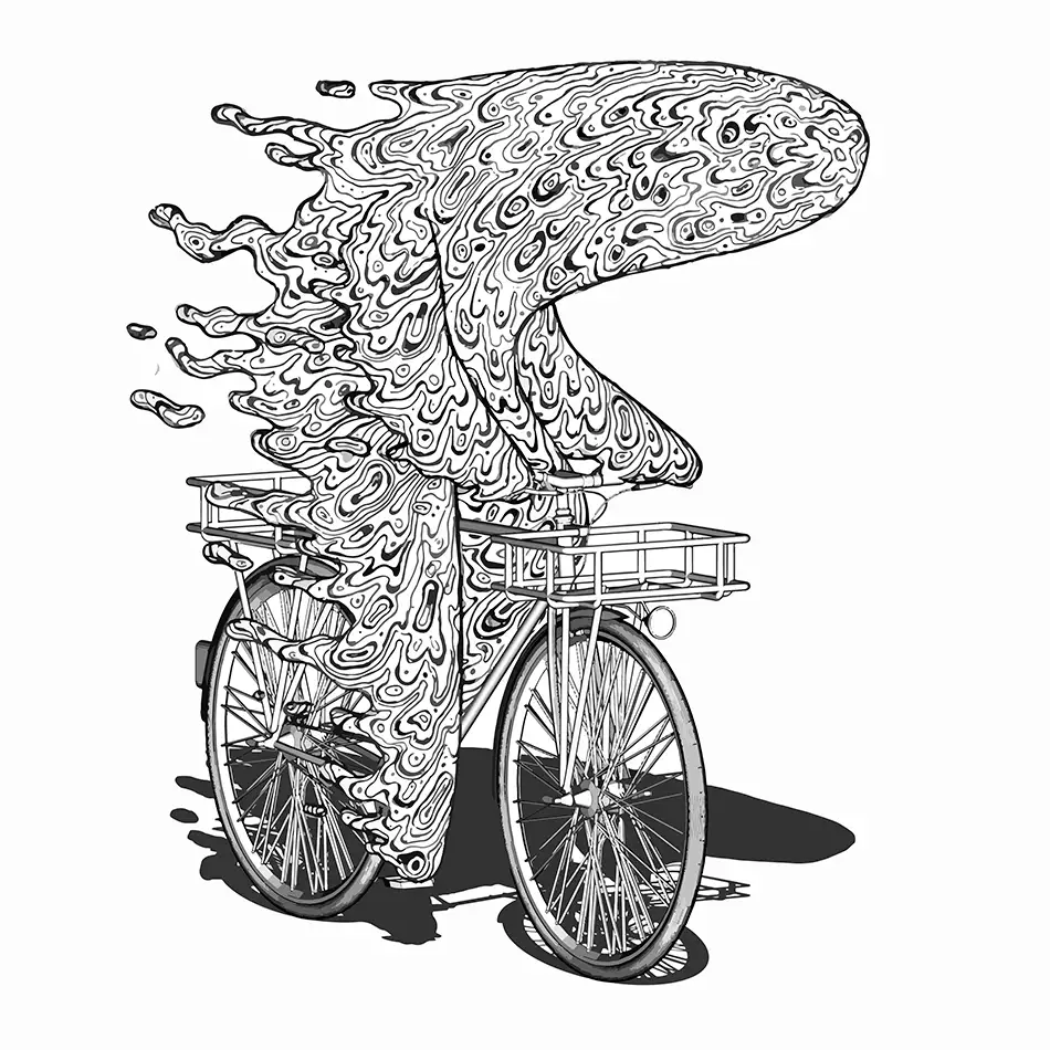 Digital illustration with a melting creature on a bicycle
