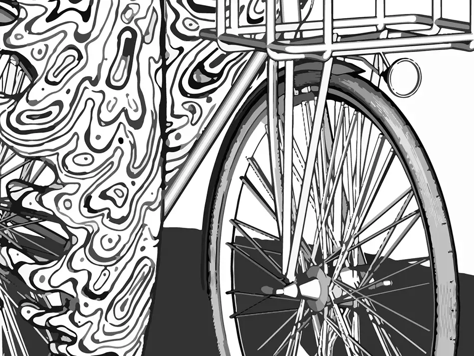 Digitale Illustration mit einem schmelzenden Wesen auf einem Fahrrad - Detail