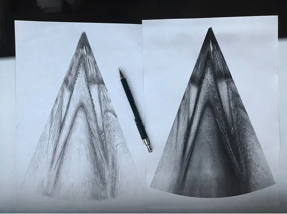 anamorphic installation made of glass and a pencil drawing in which an eye is visible in a cone - pencil drawing and template