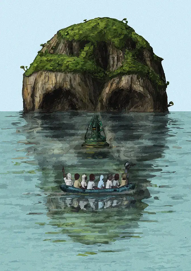 An illusion drawing in which a skull can be seen, which on closer inspection disintegrates into an island, the reflection of this island in the water, a buoy and an inflatable boat with refugees