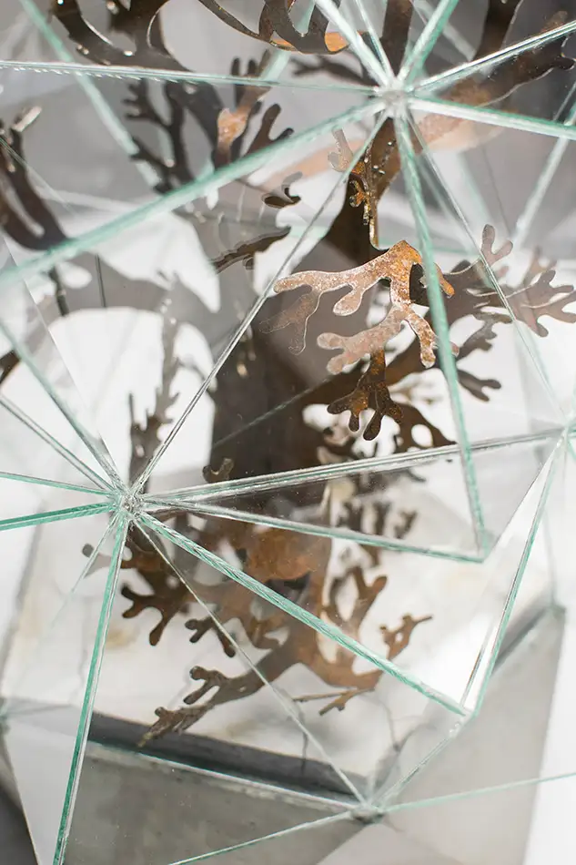 Kunstwerk das an ein Gewächshaus erinnert, bestehend aus einer geometrischen Glasumhausung, einem Beton-Sockel und einer pflanzenartigen Stahl-Struktur - Detail