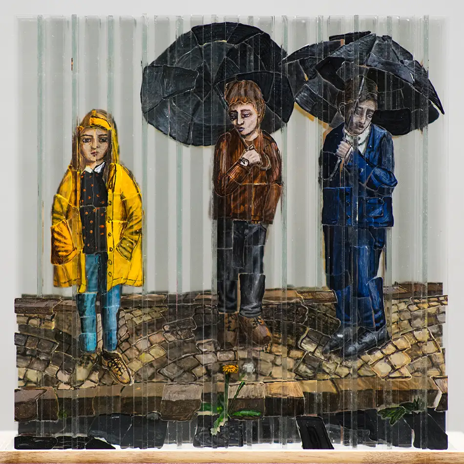 Anamorphic glass art with four fragmented images - people with umbrellas