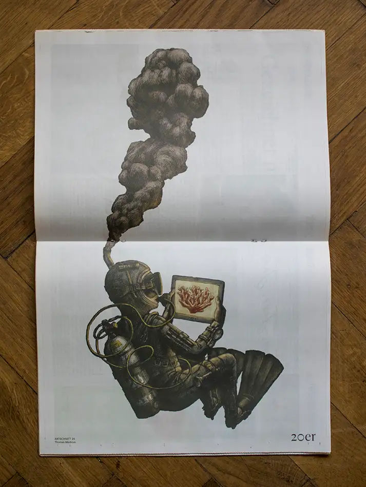 Black Smoker - Digitale Illustration von einem Taucher mit einem rauchendem Schnorchel der eine Koralle auf einem Tablet anschaut - Straßenzeitung 20er Ausgabe September 2022