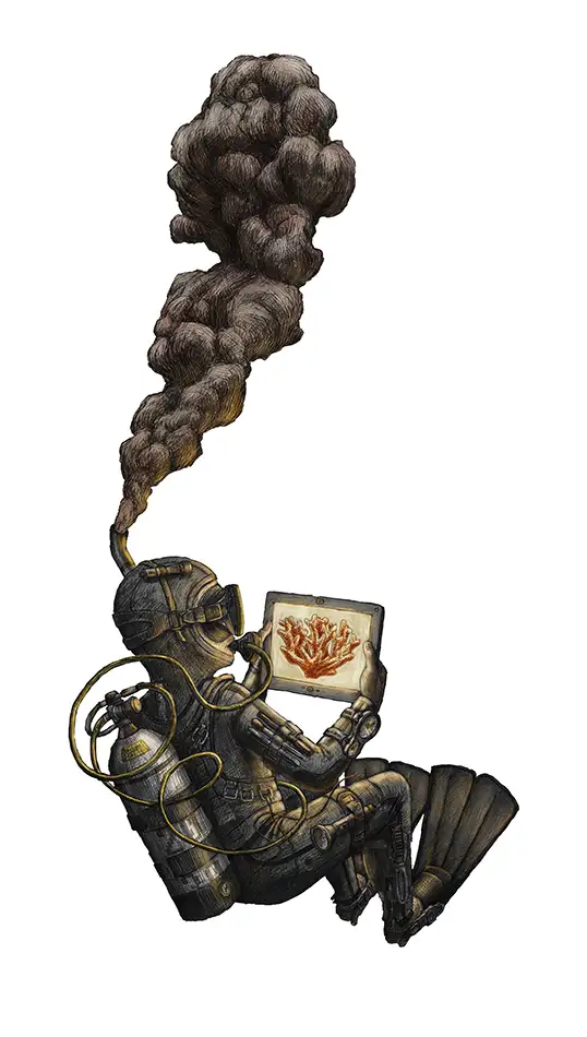 Black Smoker - Digital illustration of a diver with a smoking snorkel looking at a coral on a tablet - full view