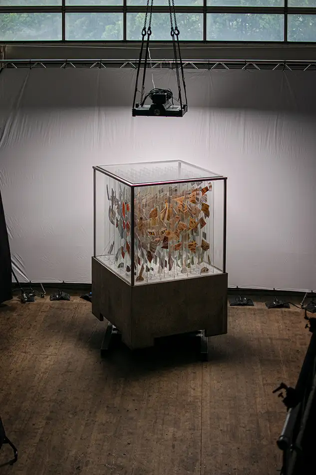 Human Animal Binary - anamorphe Glasmalerei Öko-Kunst-Installation - während dem Filmdreh