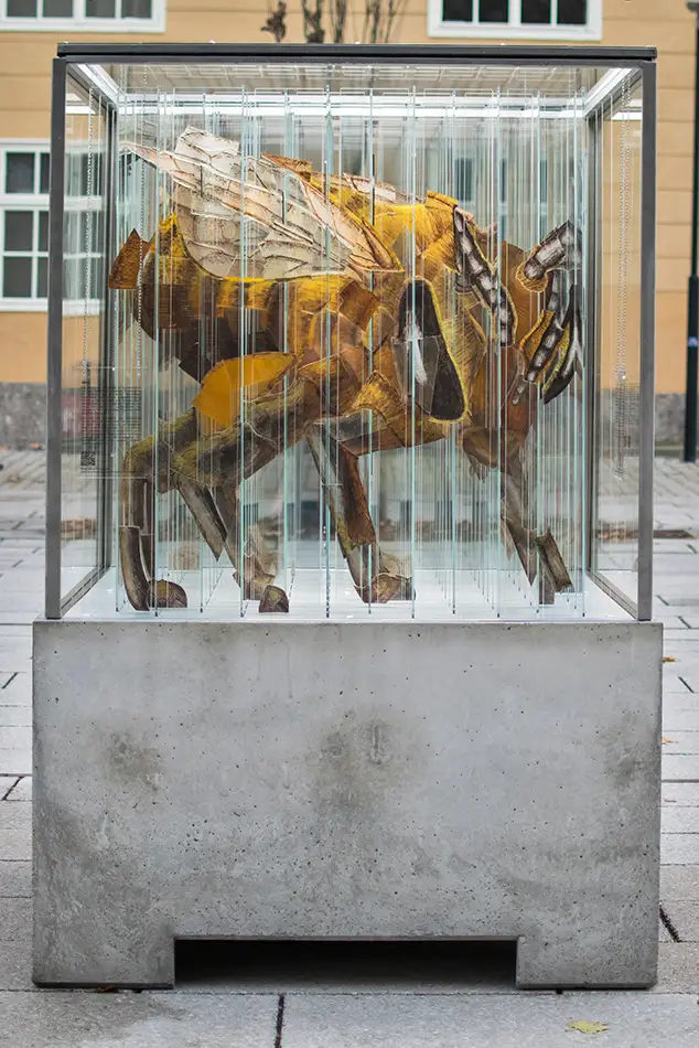 Human Animal Binary - anamorphic stained glass ecological art installation - bee