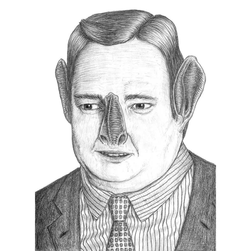 Polytrauma - Serie von Bleistiftzeichnungen in Skizzenbuch - Portrait eines Menschen mit Fledermaus-Ohren und Feldermausnase - chiroptera abwerzgea