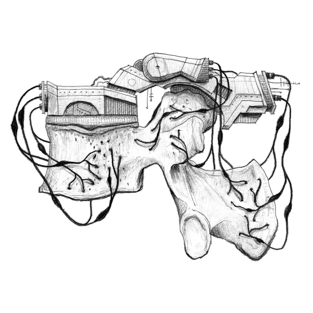 Polytrauma - Serie von Bleistiftzeichnungen in Skizzenbuch - Wirbel-Knochen mit künstlichen Nerven aus einer Maschine