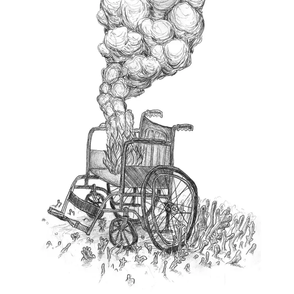 Polytrauma - Serie von Bleistiftzeichnungen in Skizzenbuch - brennender Rollstuhl