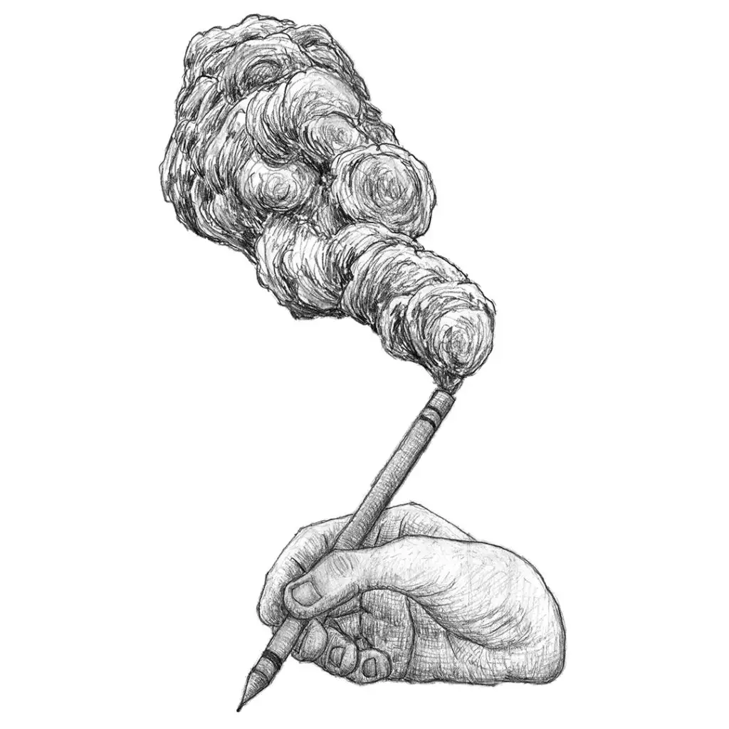 Polytrauma - Serie von Bleistiftzeichnungen in Skizzenbuch - Rauchender Bleistift in einer Hand