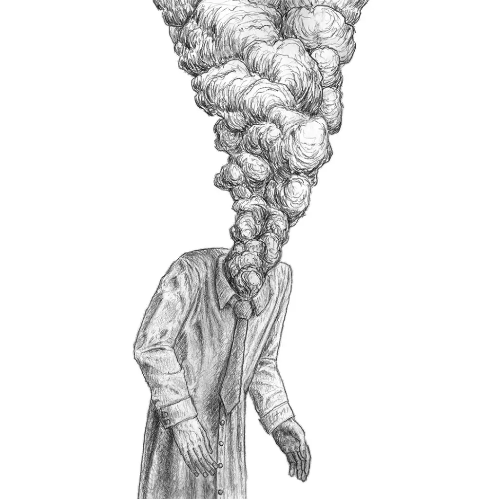 Polytrauma - Serie von Bleistiftzeichnungen in Skizzenbuch - Rauchender Kopf