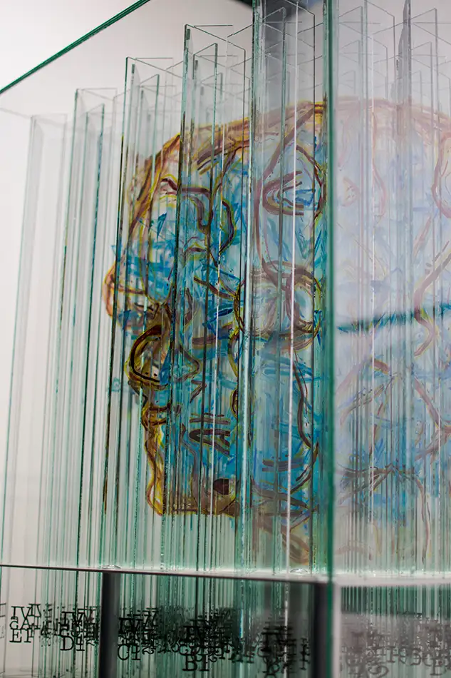 Below The Surface Is Another Surface - glass art installation - detail of face of head