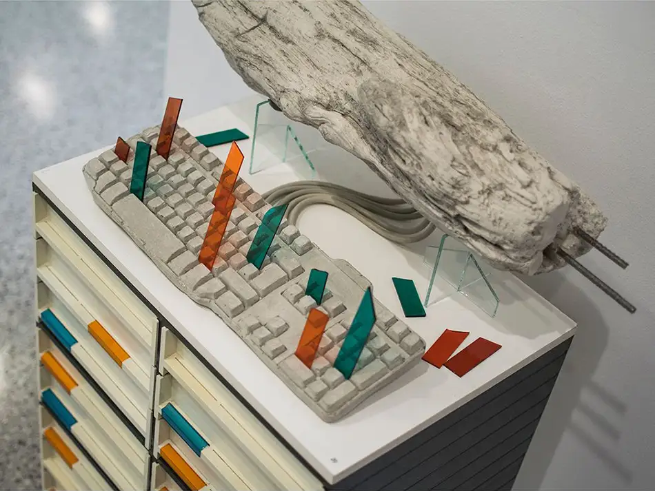 decoder - art installation - glass, concrete, drift wood, keyboard, office box