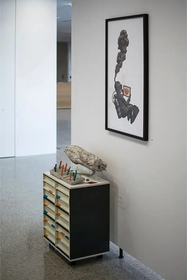 decoder - art installation - exhibition view - glass, concrete, drift wood, keyboard, office box