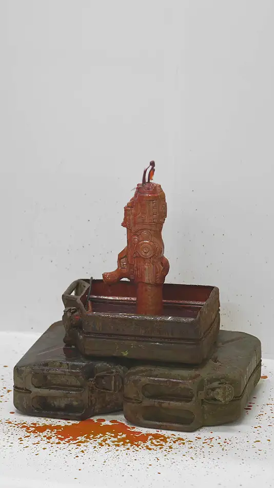 Fountain of Normalised War - Blood fountain made from a concrete cast of a spray gun and rusty petrol cans - detail