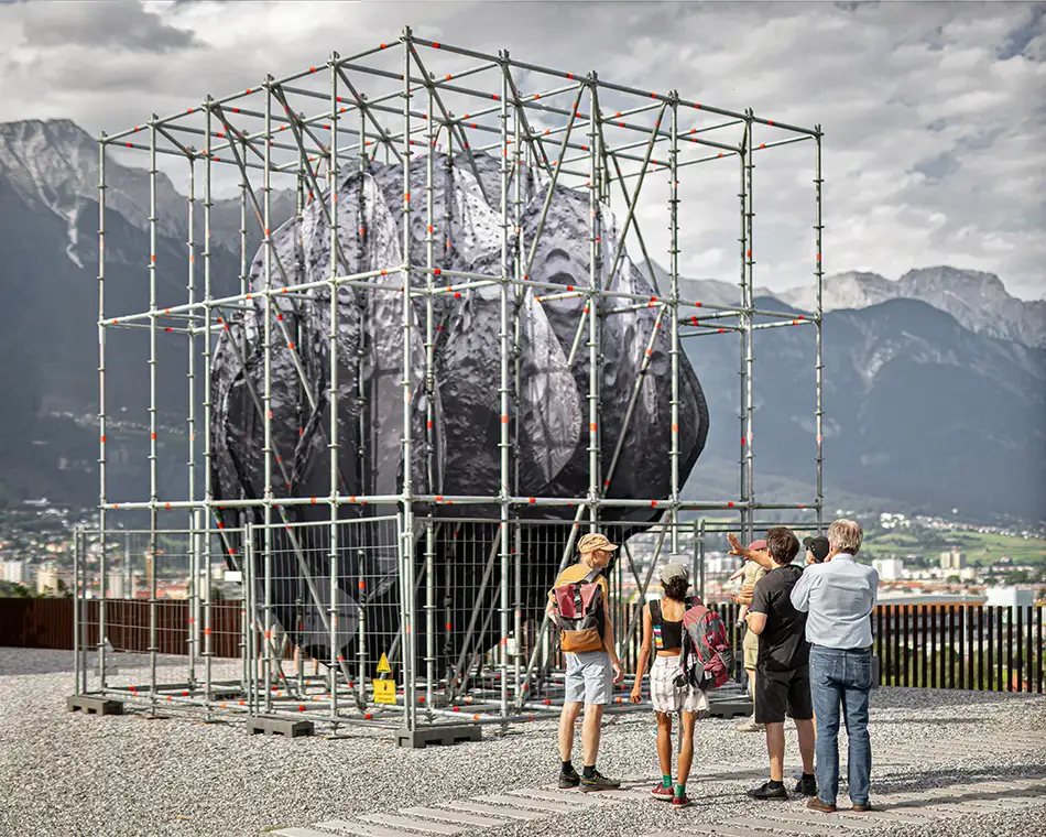 We Are the Asteroid - Art in public space - An asteroid in a scaffolding structure with a persons